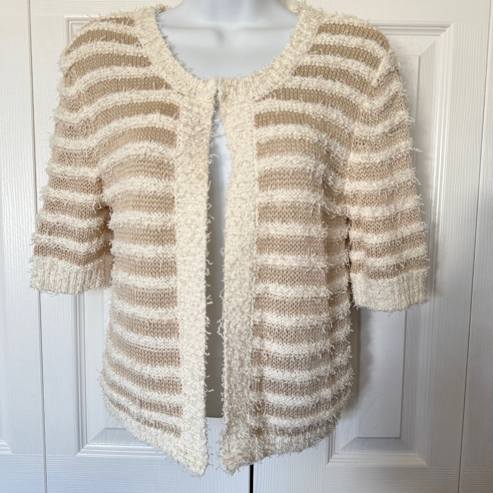 Cardigan Cropped Shrug Tan & Cream Short Sleeves NWT Spense Knits Boucle